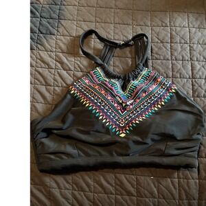 SO Black Embroidered High Neck Halter Bikini Top Cage Back Swimwear Womens 0X